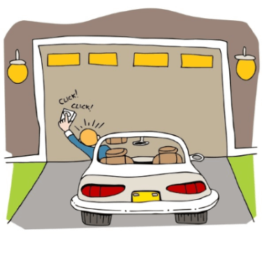 cartoon of person leaning out of driver's side of a white car, aiming garage door opener at their closed garage door.
