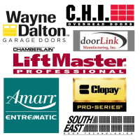 Collage of garage door brand logos, including Wayne Dalton, LiftMaster, Amarr, Clopay, and more.