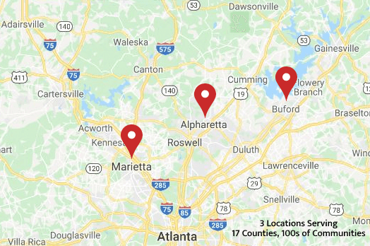 Google map with Alpharetta Buford and Marietta Georgia cities pinned