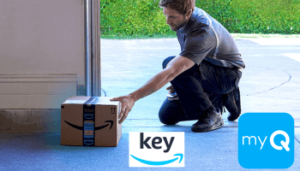 Package delivery person dropping off package using key garage door service.